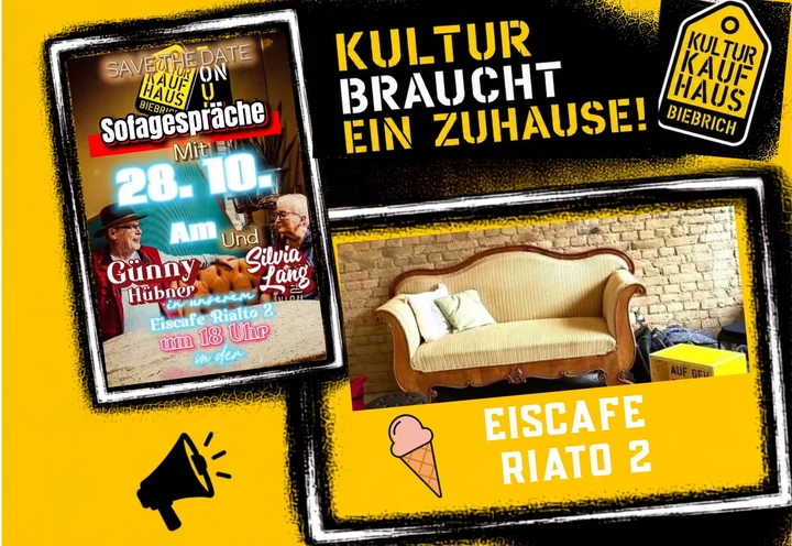 Plakat: Sofagespräche mit Günny Hübner und Silvia Lang im Eiscafé Rialto 2